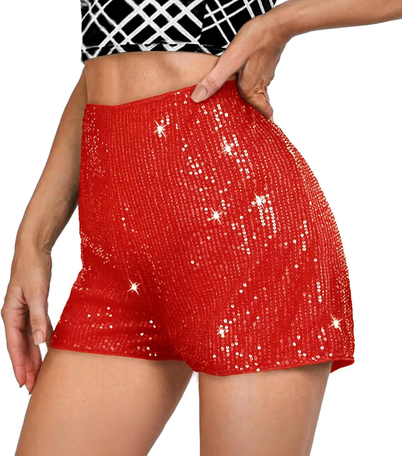 Sequin Shorts for Women High Waist Elastic Sparkly Straight Leg Short Glitter Sparkle Hot Pants Solid Party Black