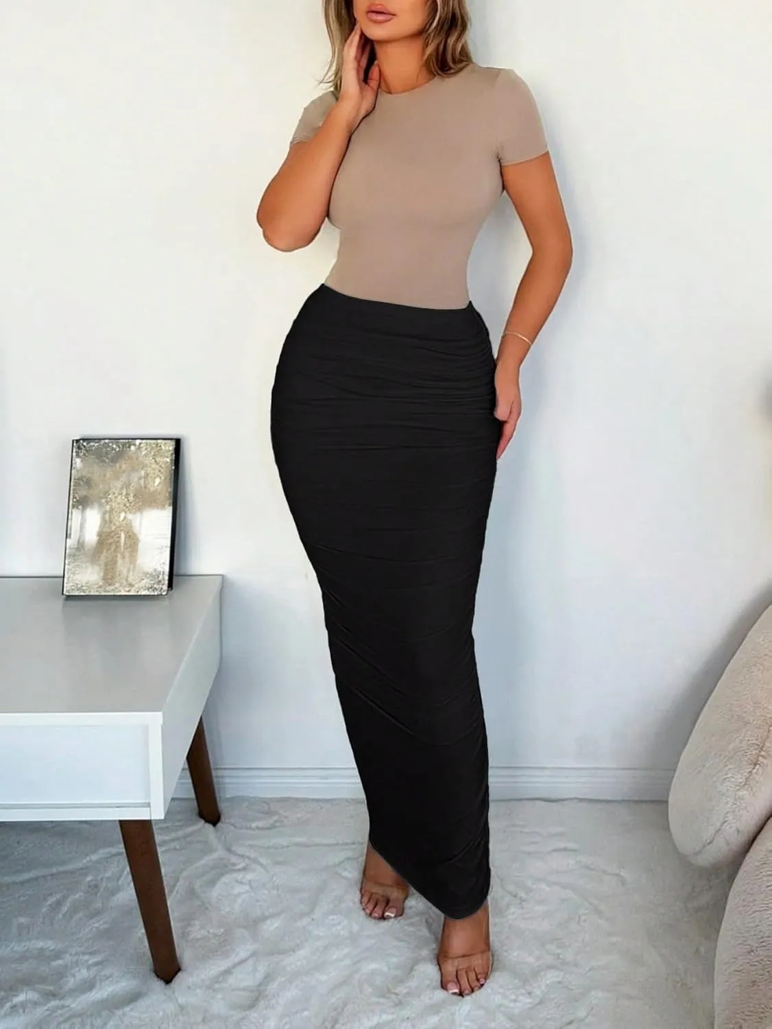 Sexy Slim Fit Pleated Maxi Elegant Knit Women's Midi Skirt for Womens