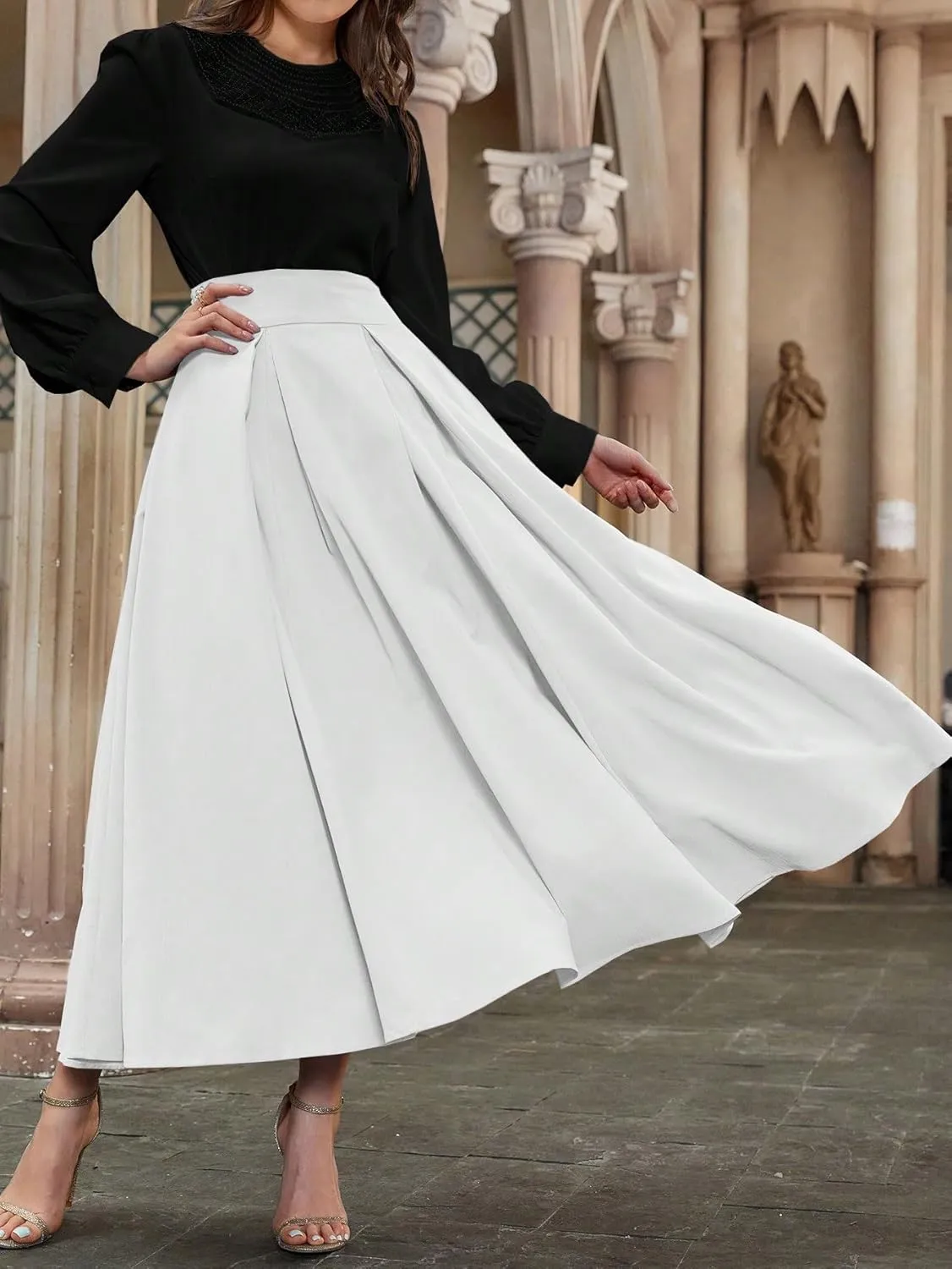 Sexy Slim Fit Women High Waist Pleated Solid Color Midi Skirt for Womens