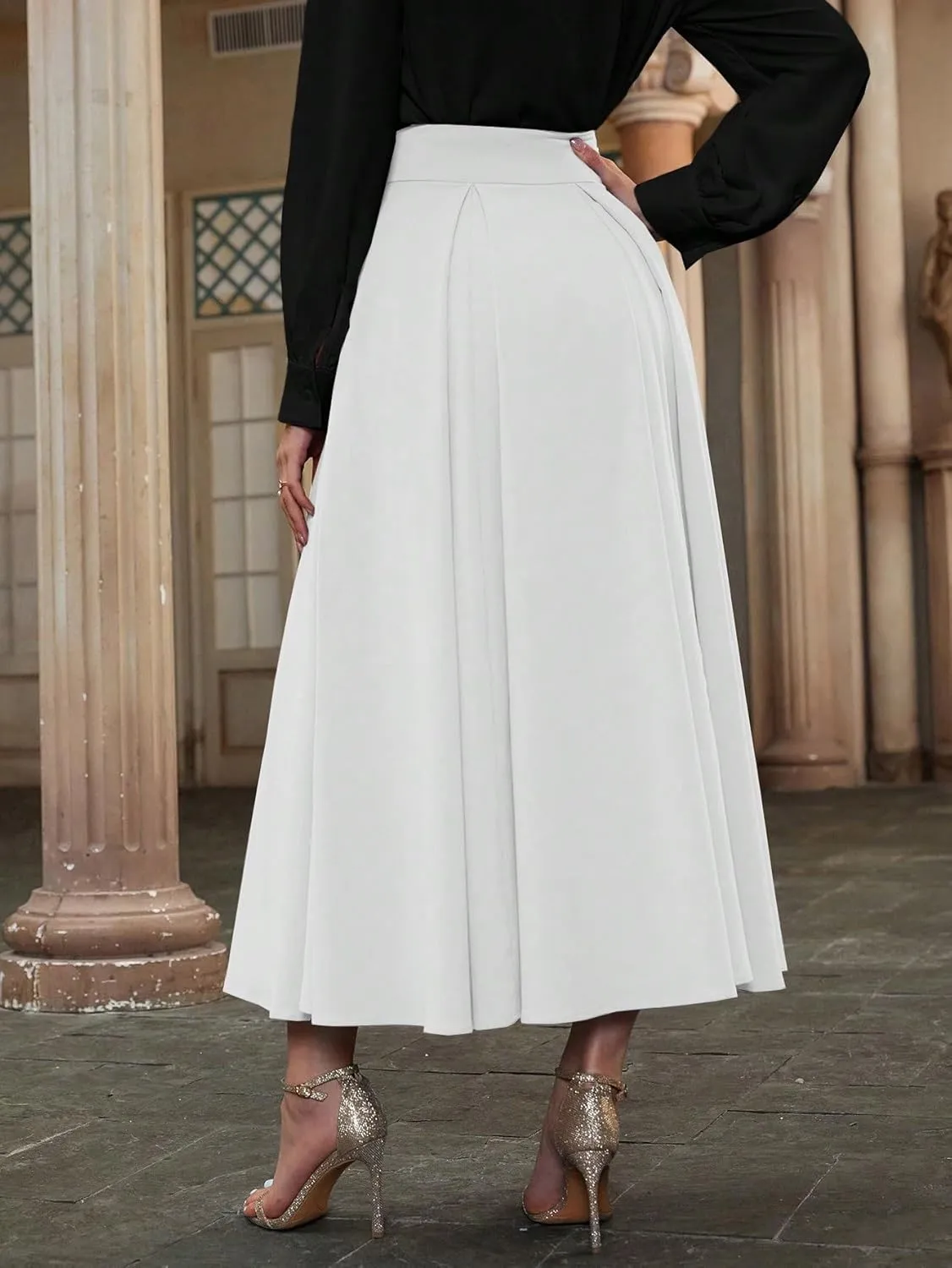 Sexy Slim Fit Women High Waist Pleated Solid Color Midi Skirt for Womens