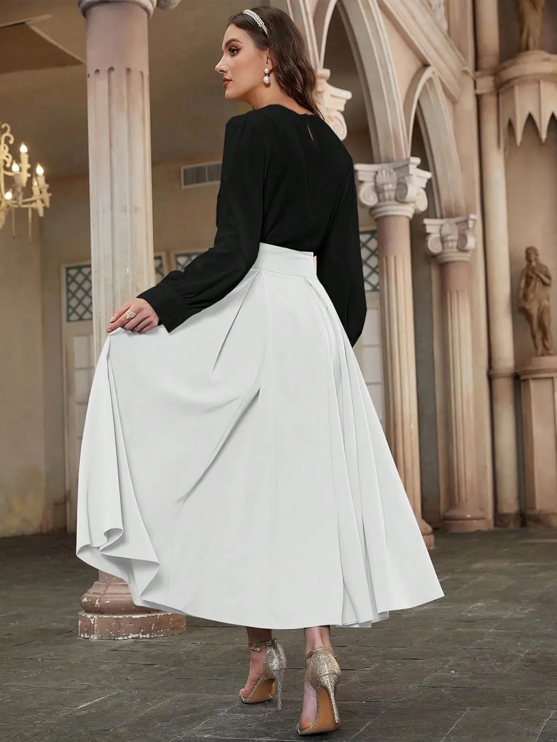 Sexy Slim Fit Women High Waist Pleated Solid Color Midi Skirt for Womens