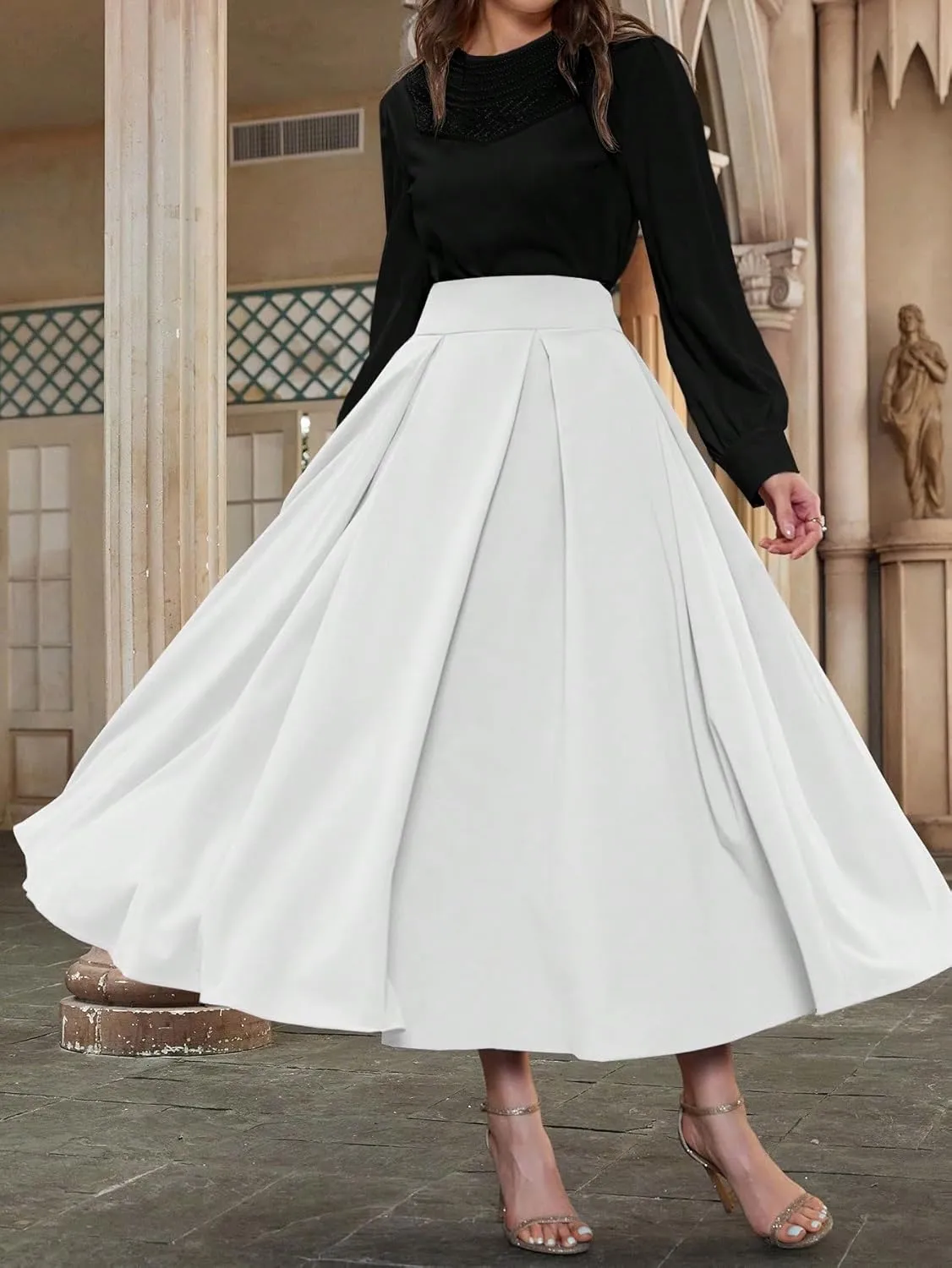 Sexy Slim Fit Women High Waist Pleated Solid Color Midi Skirt for Womens