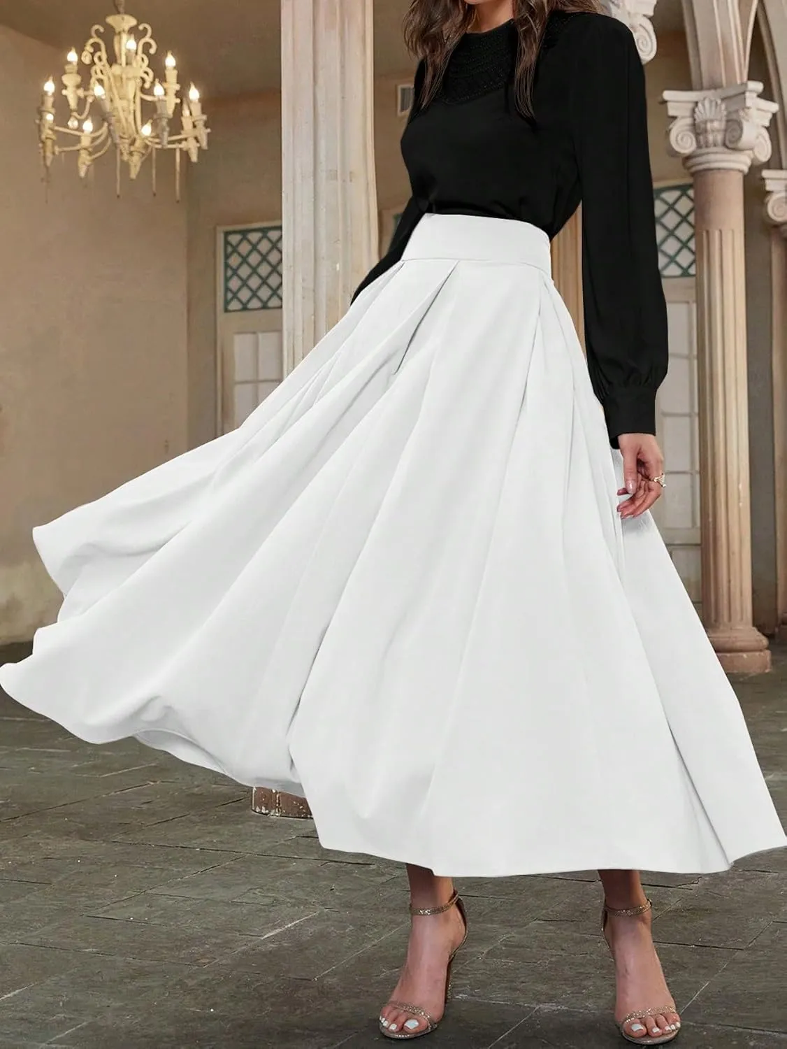 Sexy Slim Fit Women High Waist Pleated Solid Color Midi Skirt for Womens