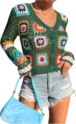 SHENHE Women's Floral Crochet Cardigan Hollow Out V Neck Button Down Long Sleeve Cropped Sweater