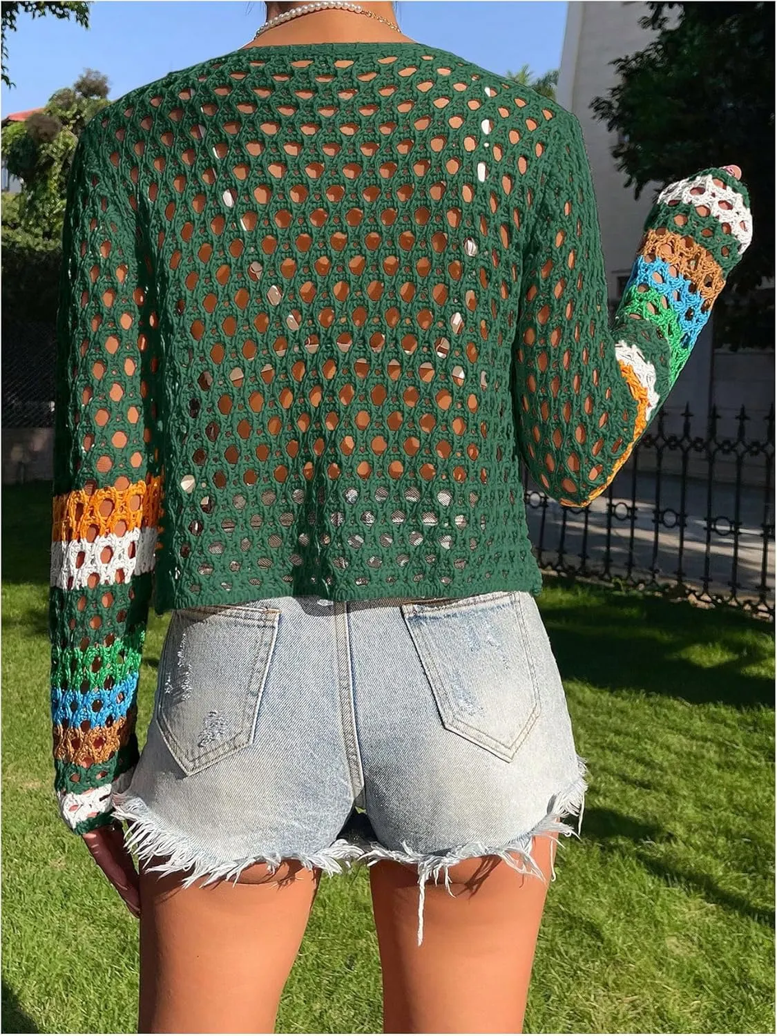 SHENHE Women's Floral Crochet Cardigan Hollow Out V Neck Button Down Long Sleeve Cropped Sweater