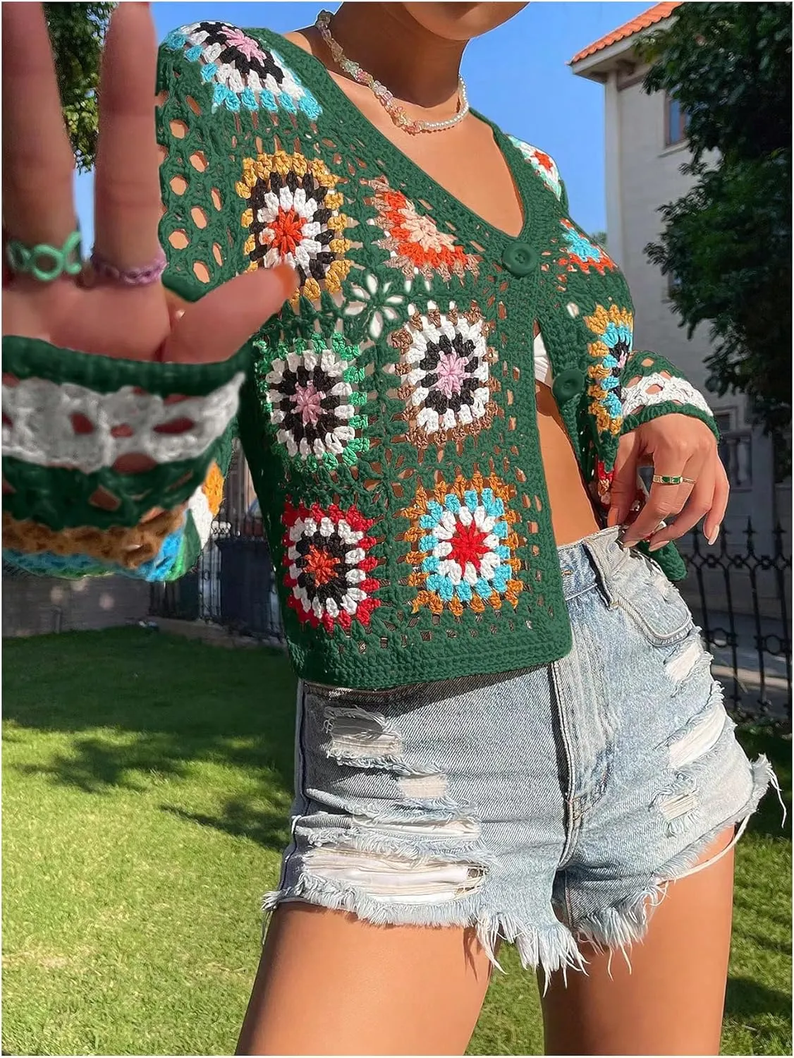 SHENHE Women's Floral Crochet Cardigan Hollow Out V Neck Button Down Long Sleeve Cropped Sweater