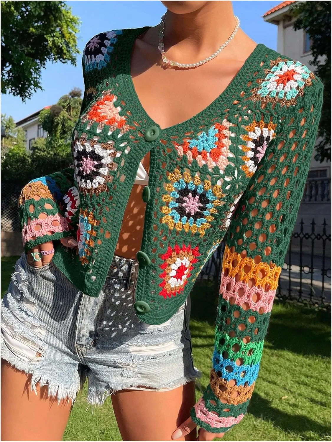 SHENHE Women's Floral Crochet Cardigan Hollow Out V Neck Button Down Long Sleeve Cropped Sweater