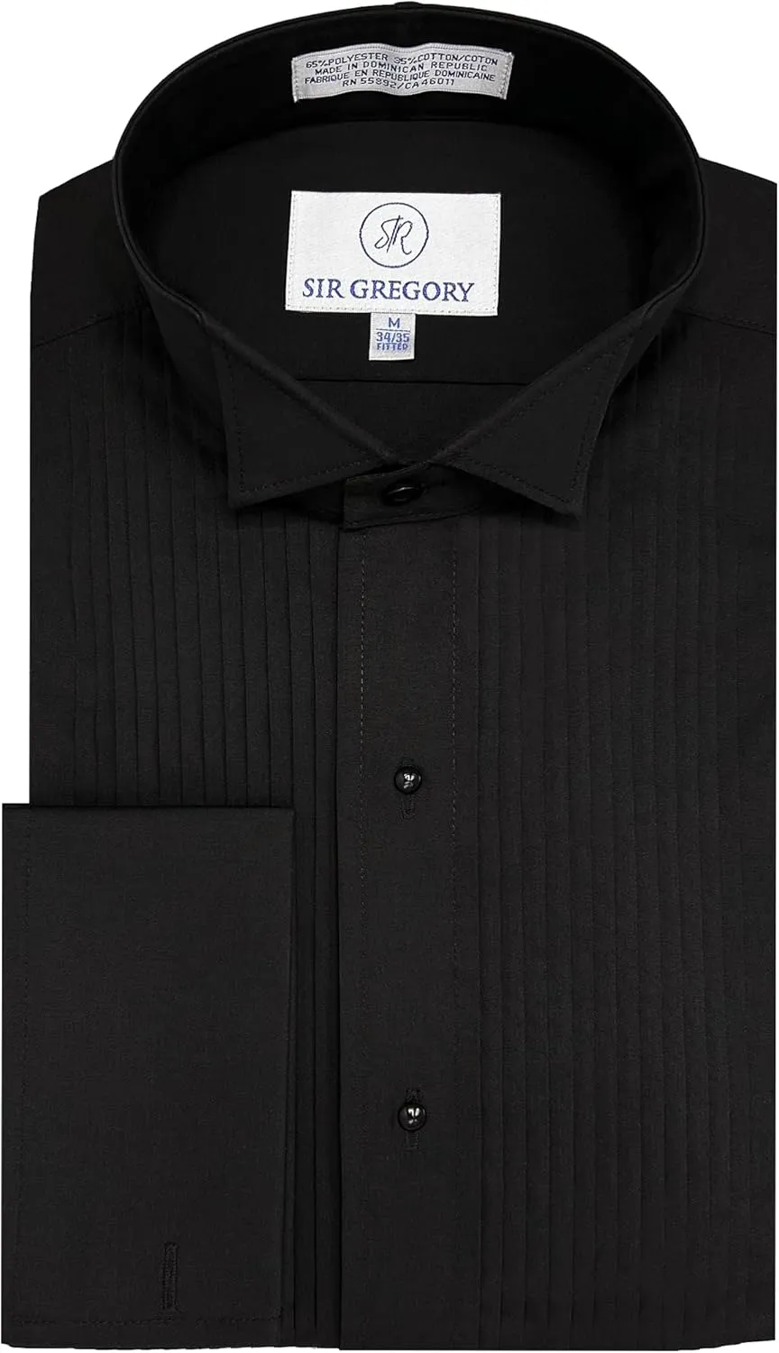 Sir Gregory Men's Fitted Tuxedo Shirt with Wing Collar French Cuffs and 1/4 Inch Pleat