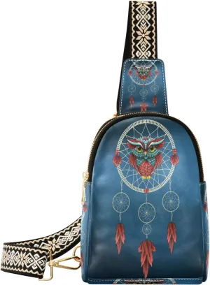 Small Sling Bag Waist Packs Leather Crossbody Packs Chest Bag Owl in Dreamcatcher for Women Travel Belt Purse