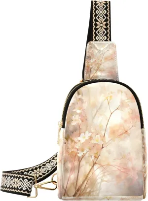 Small Sling Bag Waist Packs Leather Crossbody Packs Chest Bag Tree Pink Flower for Women Travel Belt Purse