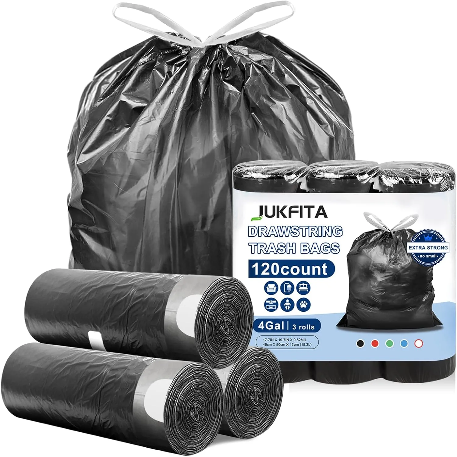 Small Trash Bags Drawstring 120 Count, JUKFITA Extra Strong 4 Gallon Garbage Bags, Unscented Trash Can Liners fit Bathroom Kitchen Office, Dark Black