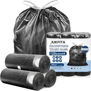 Small Trash Bags Drawstring 120 Count, JUKFITA Extra Strong 4 Gallon Garbage Bags, Unscented Trash Can Liners fit Bathroom Kitchen Office, Dark Black