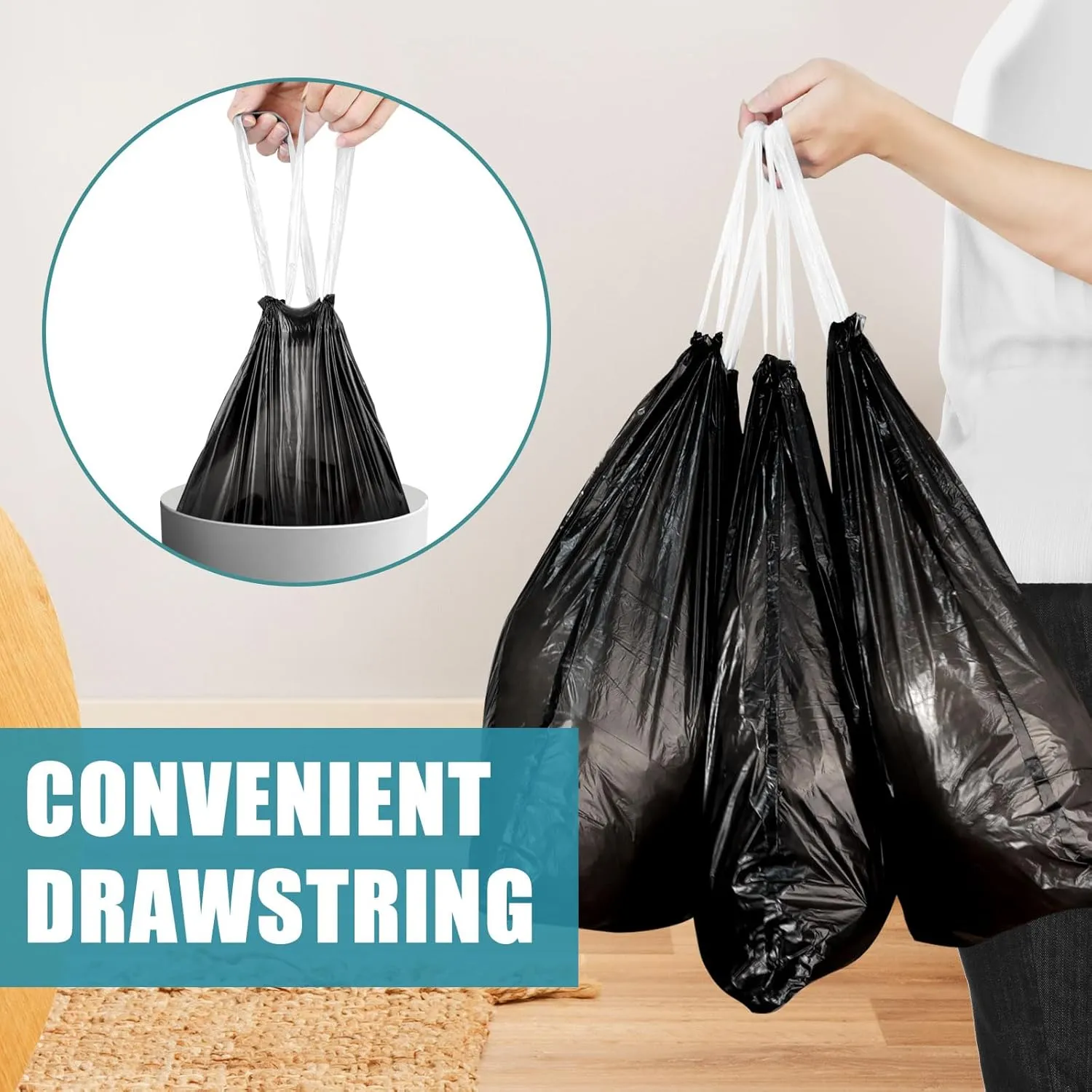 Small Trash Bags Drawstring 120 Count, JUKFITA Extra Strong 4 Gallon Garbage Bags, Unscented Trash Can Liners fit Bathroom Kitchen Office, Dark Black
