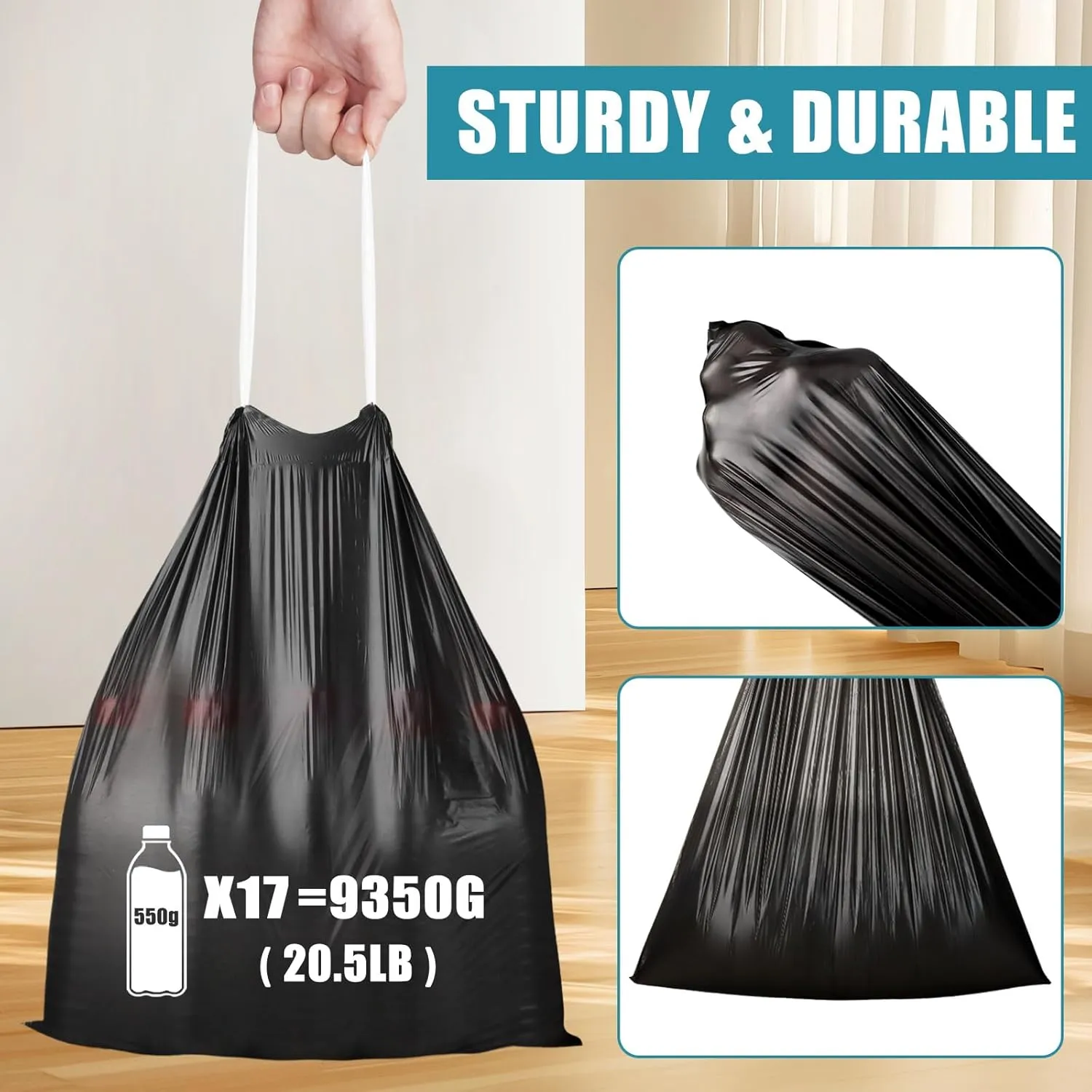 Small Trash Bags Drawstring 120 Count, JUKFITA Extra Strong 4 Gallon Garbage Bags, Unscented Trash Can Liners fit Bathroom Kitchen Office, Dark Black
