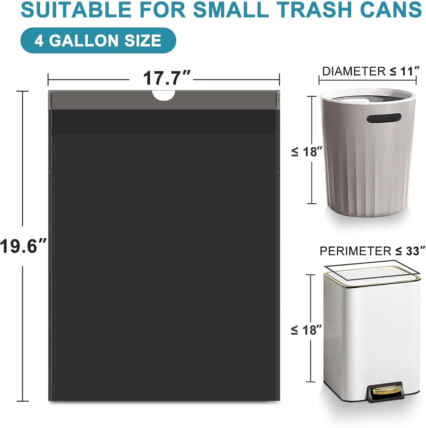 Small Trash Bags Drawstring 120 Count, JUKFITA Extra Strong 4 Gallon Garbage Bags, Unscented Trash Can Liners fit Bathroom Kitchen Office, Dark Black