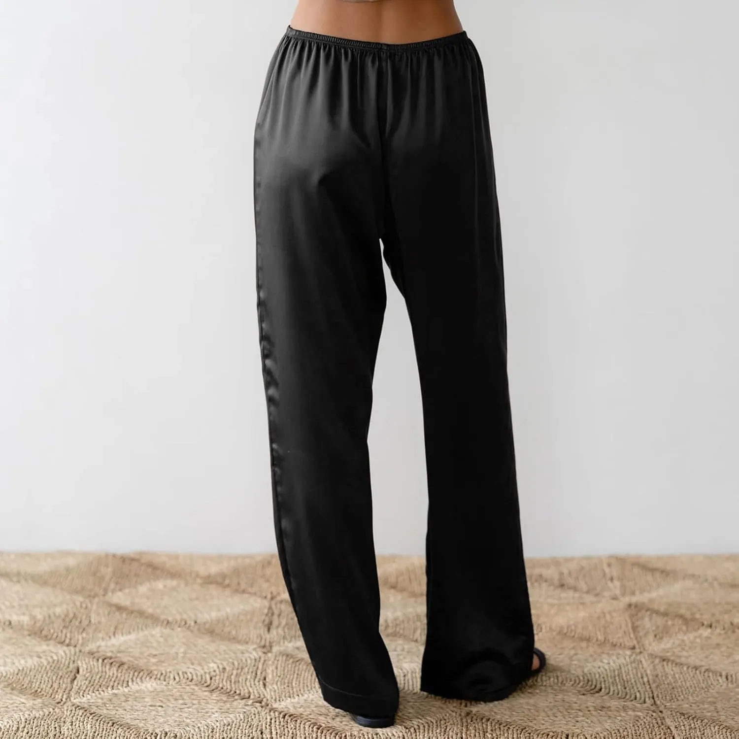 SOLILOQUY Women Y2K Satin Wide Leg Pants Casual Elastic High Waist Solid Loose Fit Lounge Pants Office Ladies Work Trousers
