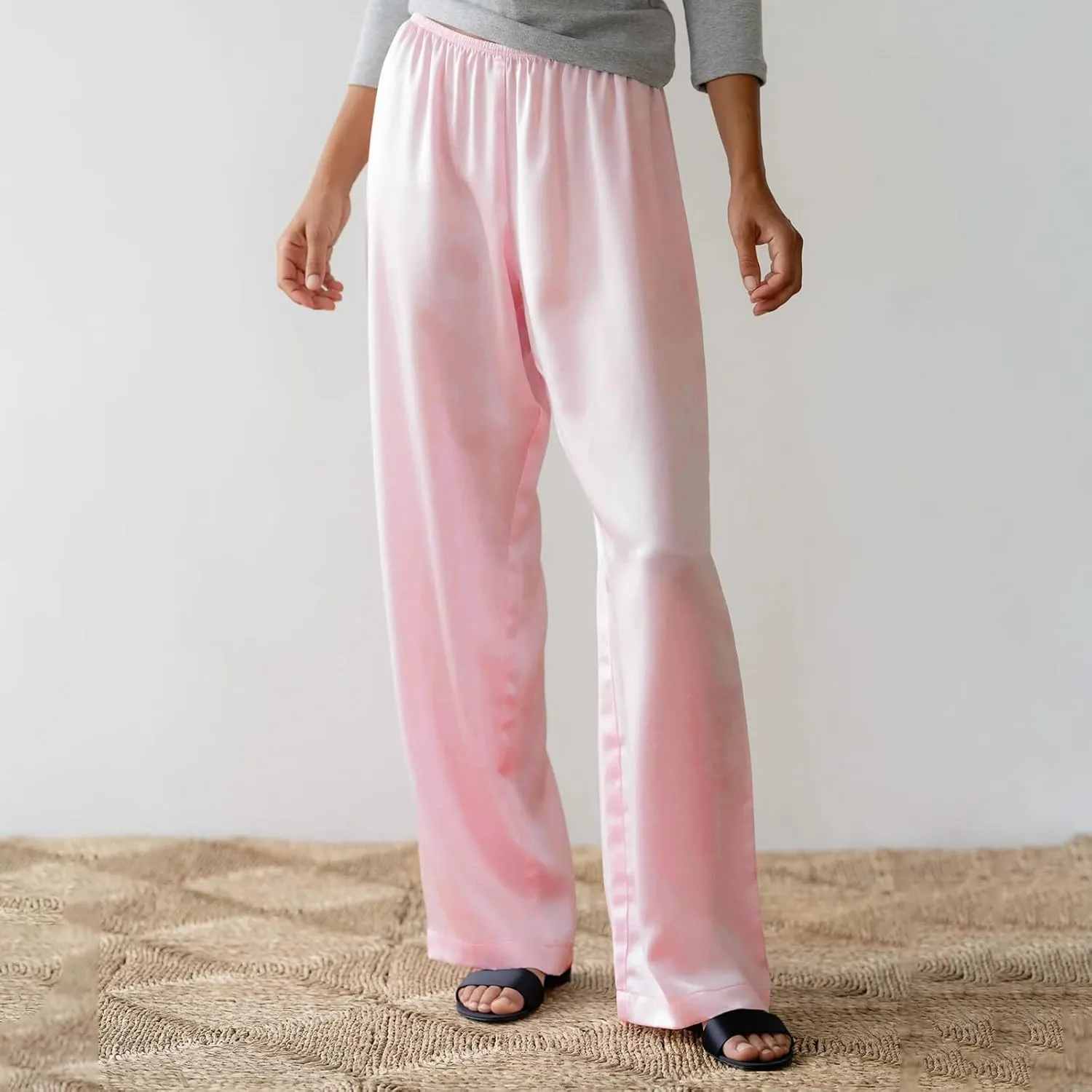 SOLILOQUY Women Y2K Satin Wide Leg Pants Casual Elastic High Waist Solid Loose Fit Lounge Pants Office Ladies Work Trousers