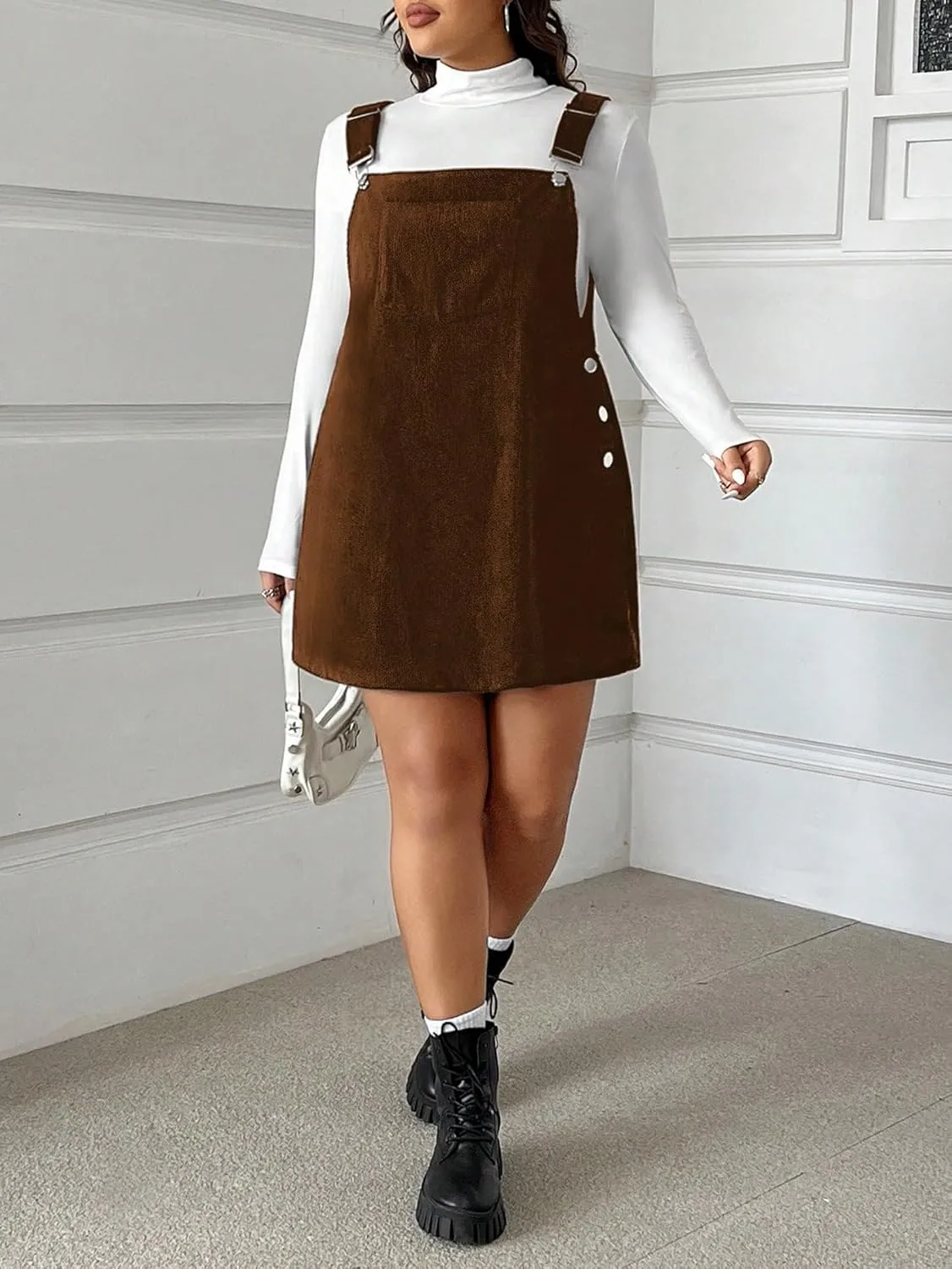 SOLY HUX Women's Plus Size Corduroy Overall Dress Sleeveless Pinafore Mini Dress Jumper