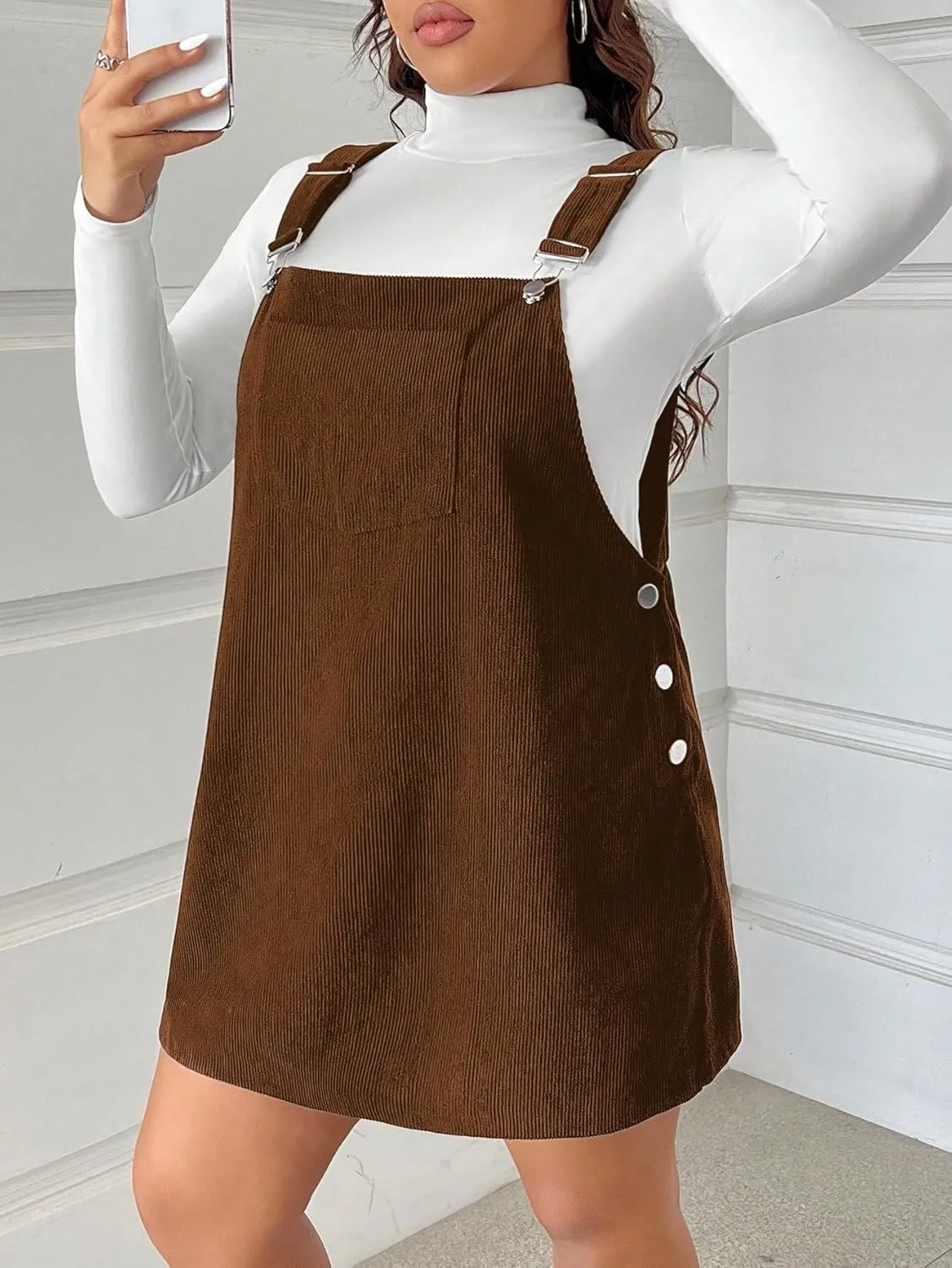 SOLY HUX Women's Plus Size Corduroy Overall Dress Sleeveless Pinafore Mini Dress Jumper