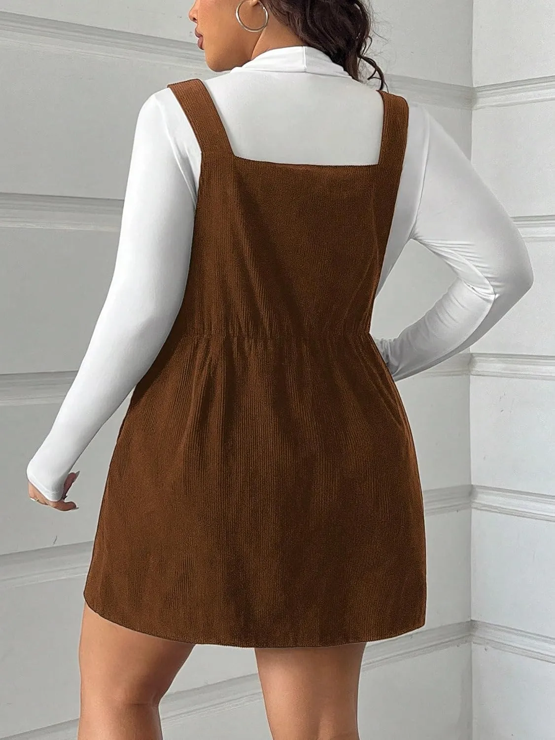 SOLY HUX Women's Plus Size Corduroy Overall Dress Sleeveless Pinafore Mini Dress Jumper