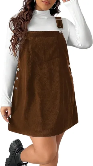 SOLY HUX Women's Plus Size Corduroy Overall Dress Sleeveless Pinafore Mini Dress Jumper