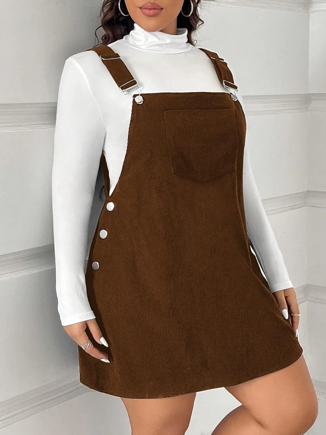 SOLY HUX Women's Plus Size Corduroy Overall Dress Sleeveless Pinafore Mini Dress Jumper