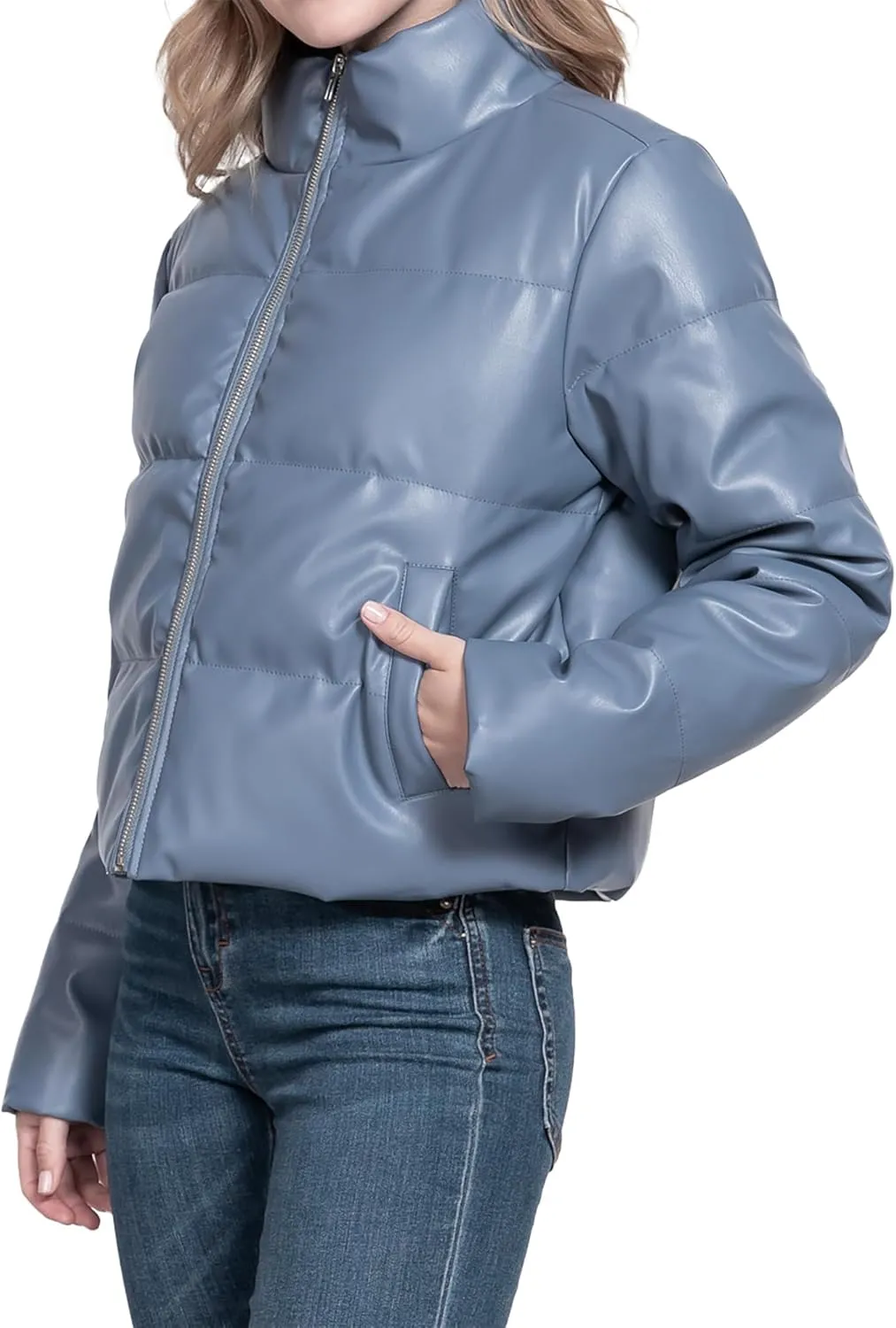 STARJJ Womens High Neck Quilted Faux Leather Puffer Jacket