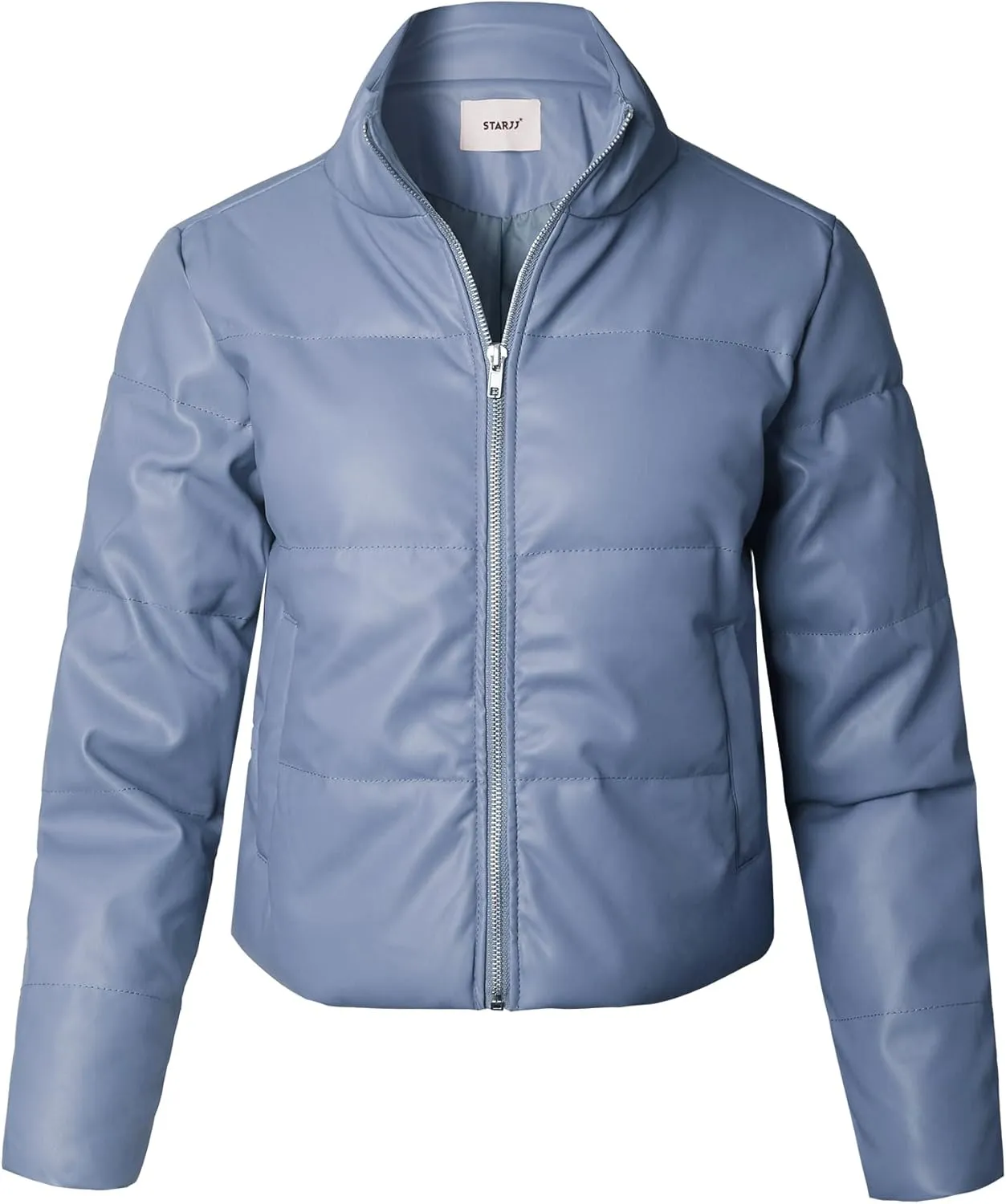 STARJJ Womens High Neck Quilted Faux Leather Puffer Jacket