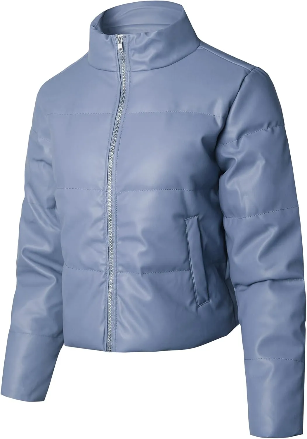 STARJJ Womens High Neck Quilted Faux Leather Puffer Jacket