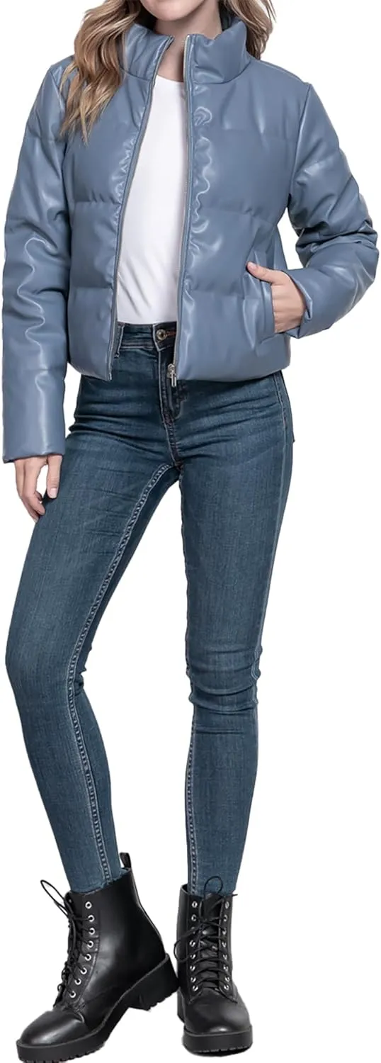 STARJJ Womens High Neck Quilted Faux Leather Puffer Jacket