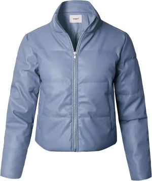STARJJ Womens High Neck Quilted Faux Leather Puffer Jacket