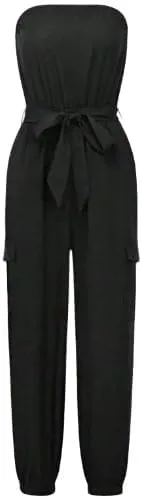 Strapless Jumpsuit With Gathered Waist And Ankle Cuffs For Women, Comfy Casual Wear, Army Green, S  XL