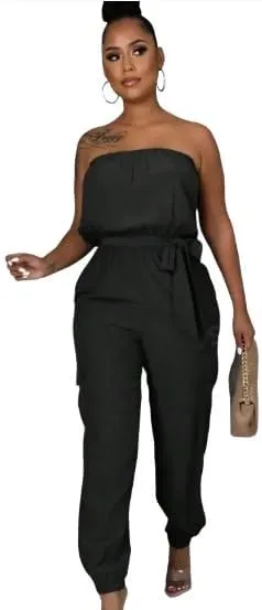 Strapless Jumpsuit With Gathered Waist And Ankle Cuffs For Women, Comfy Casual Wear, Army Green, S  XL