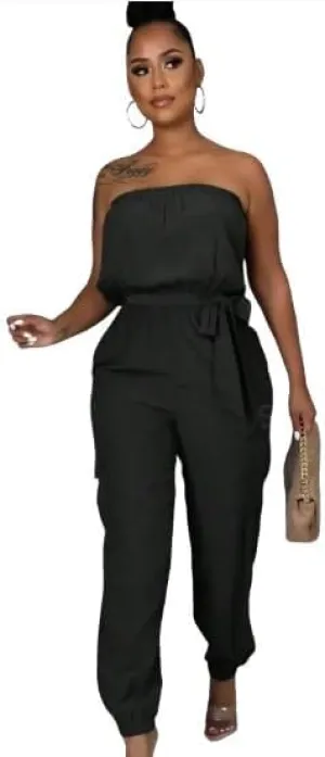 Strapless Jumpsuit With Gathered Waist And Ankle Cuffs For Women, Comfy Casual Wear, Army Green, S  XL
