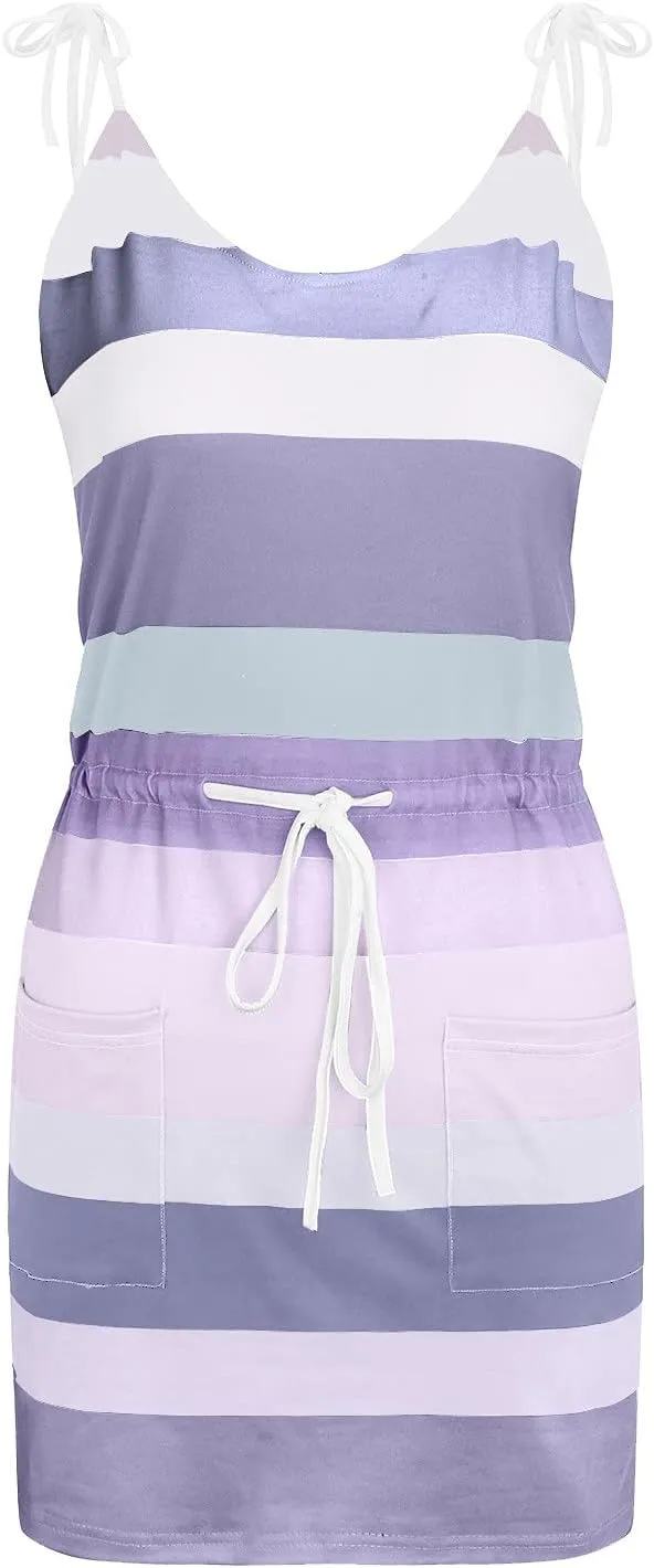 Striped Mini Dress for Women Casual V Neck Short Sleeve T Shirt Dresses Drawstring Waist Belted Dress with Pockets