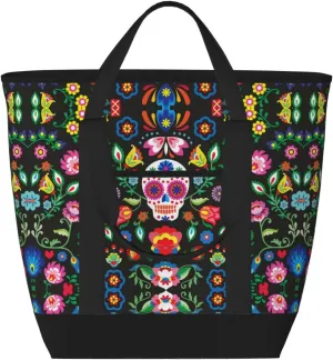 Sugar Horror Skull and Flowers Women's tote bags and reusable women's beach bags are suitable for travel insulation and cooling bags.