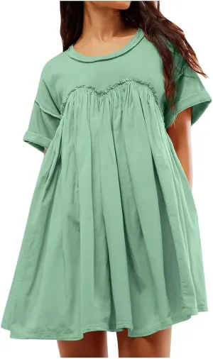 Summer Babydoll Dresses for Women Mini Casual Dress Dressy Short Sleeve Tops Patchwork Ruffle Dress, Small