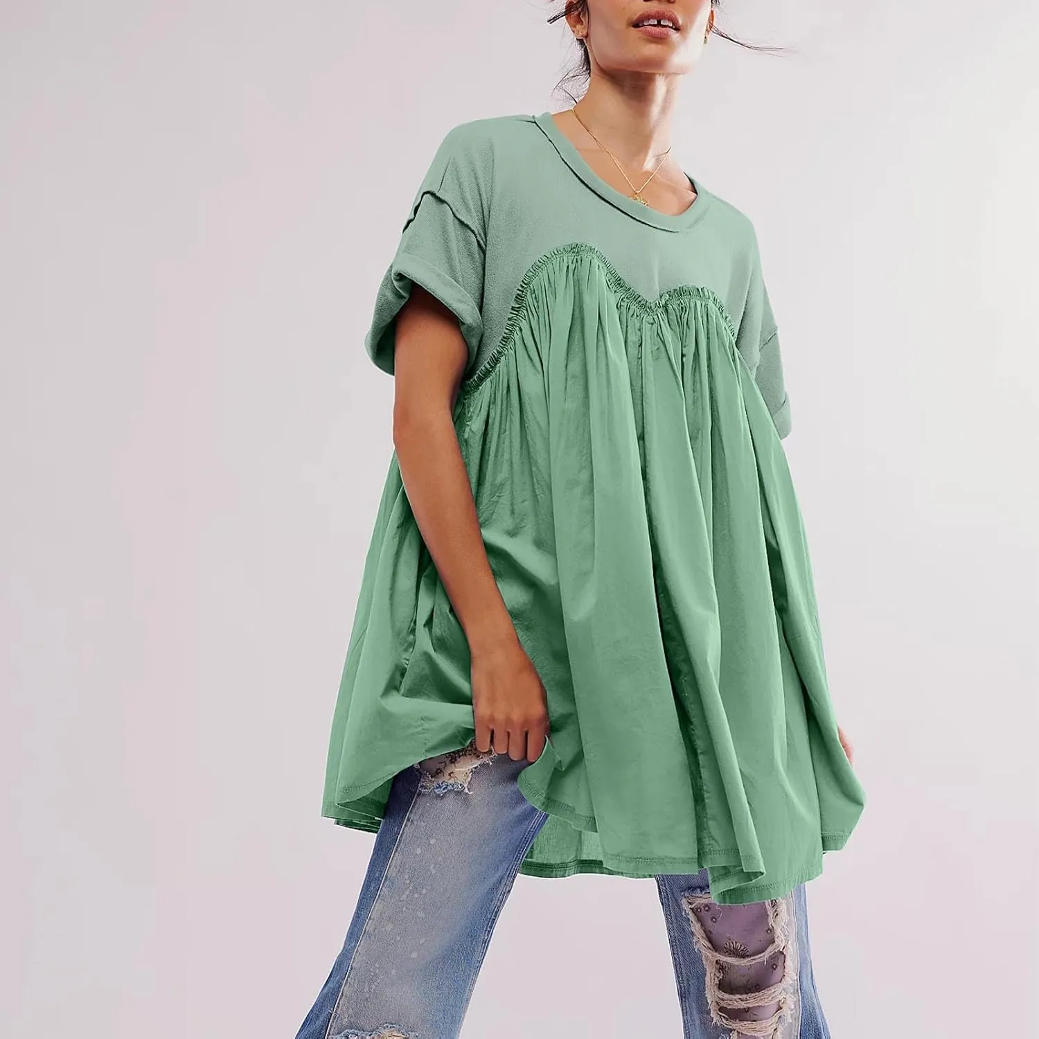 Summer Babydoll Dresses for Women Mini Casual Dress Dressy Short Sleeve Tops Patchwork Ruffle Dress, Small