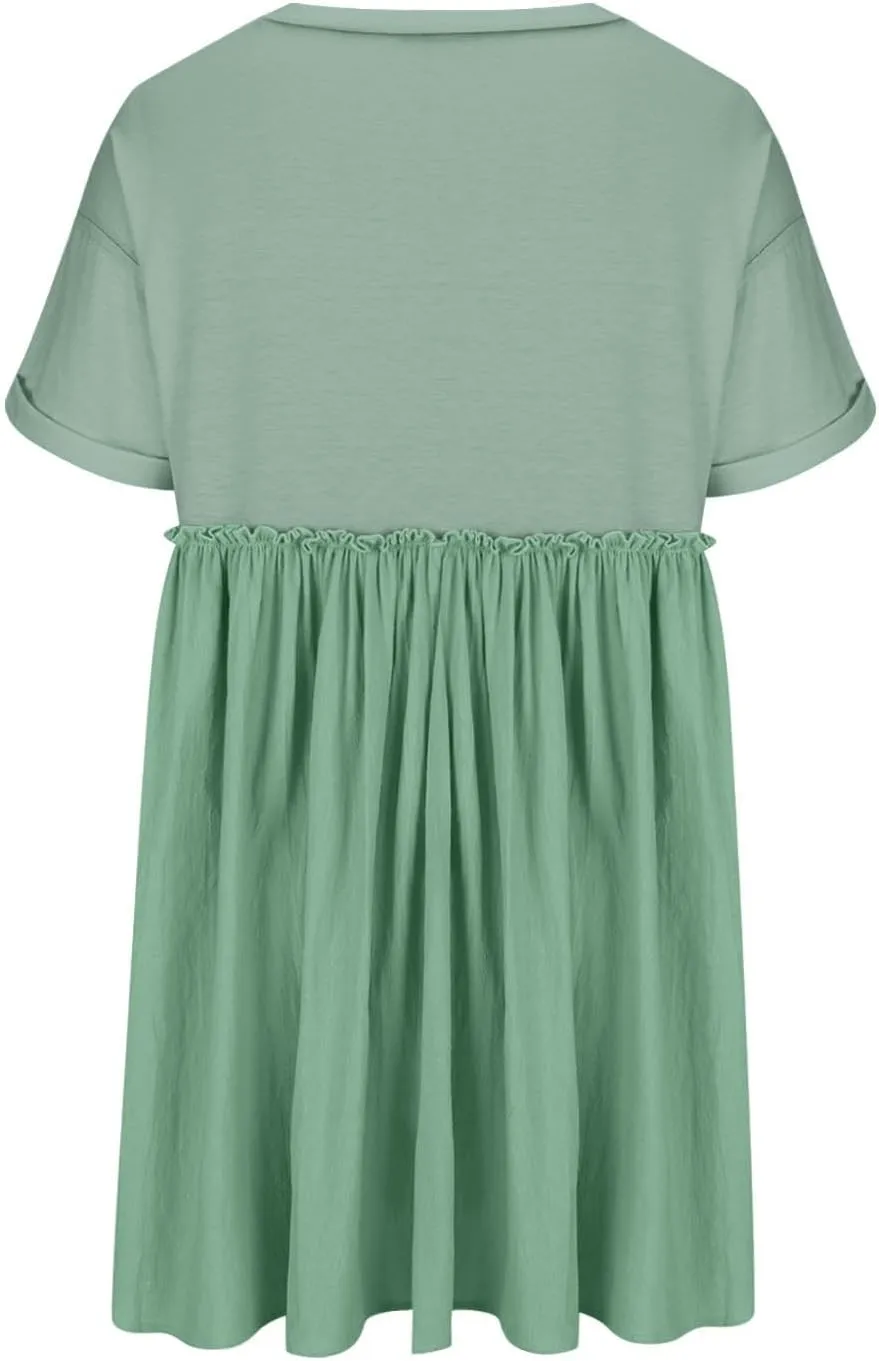 Summer Babydoll Dresses for Women Mini Casual Dress Dressy Short Sleeve Tops Patchwork Ruffle Dress, Small