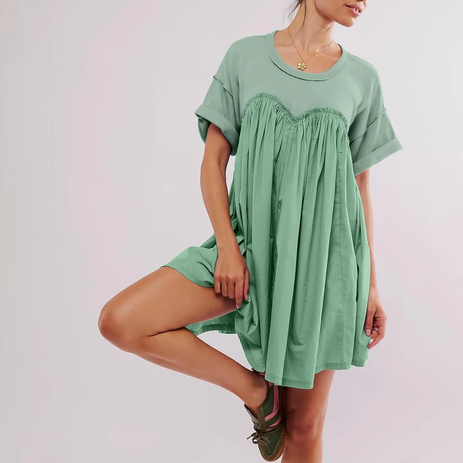 Summer Babydoll Dresses for Women Mini Casual Dress Dressy Short Sleeve Tops Patchwork Ruffle Dress, Small