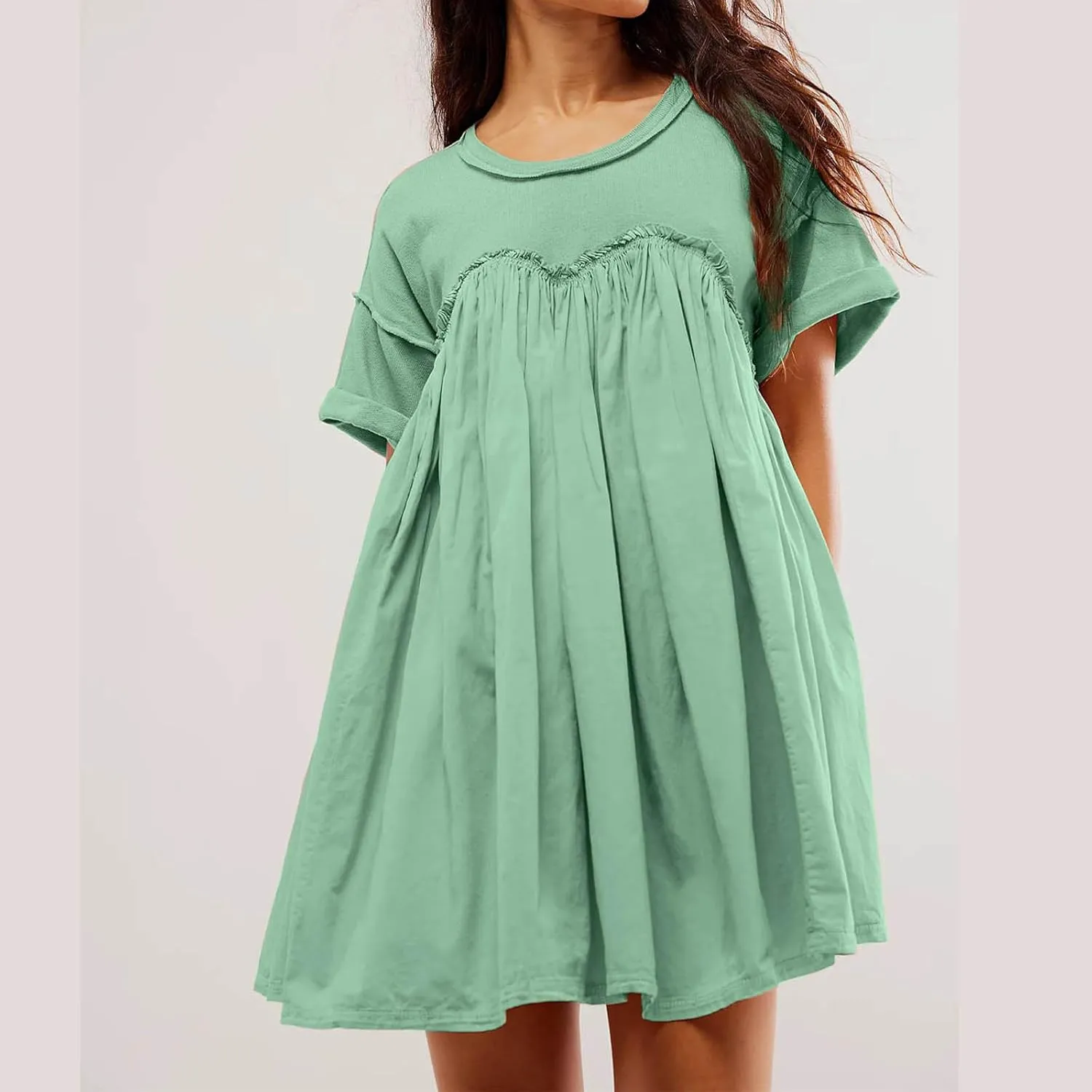 Summer Babydoll Dresses for Women Mini Casual Dress Dressy Short Sleeve Tops Patchwork Ruffle Dress, Small
