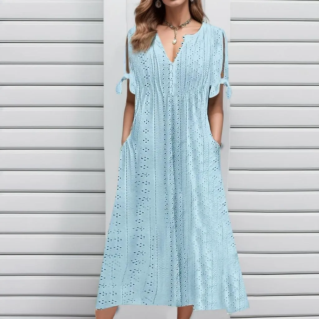 Summer Dresses for Women Trendy V Neck Short Sleeve Eyelet Dress Casual Pocket Holiday Party Beach Vacation Midi Sundress