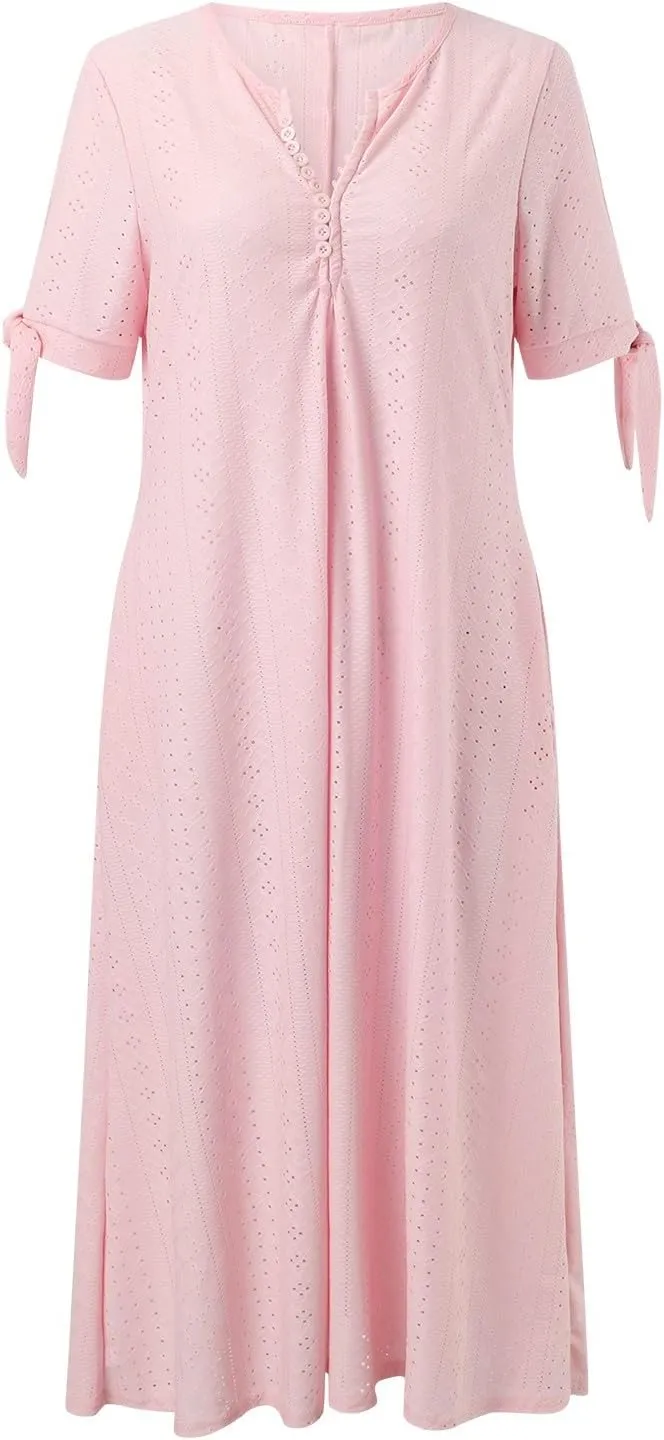 Summer Dresses for Women Trendy V Neck Short Sleeve Eyelet Dress Casual Pocket Holiday Party Beach Vacation Midi Sundress