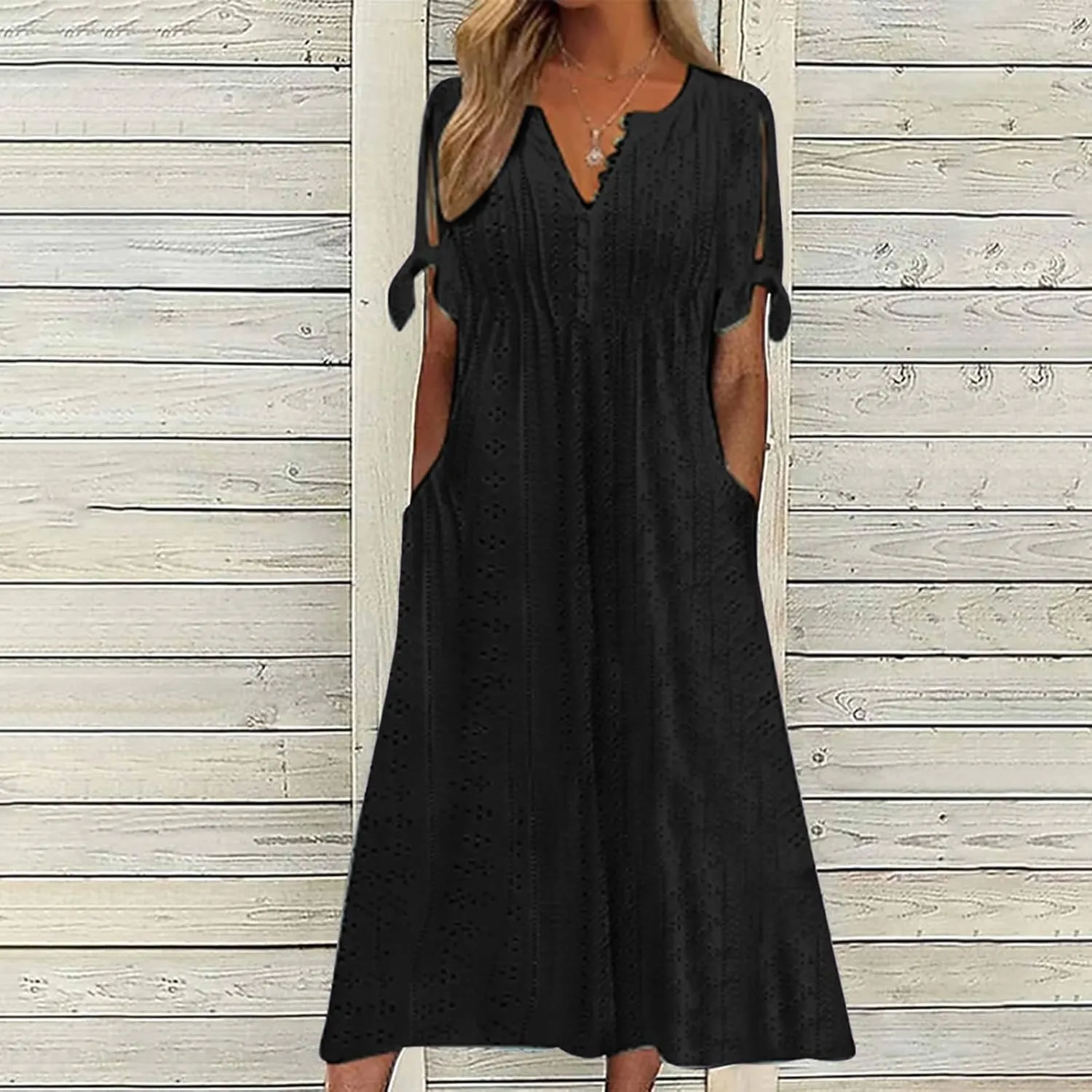 Summer Dresses for Women Trendy V Neck Short Sleeve Eyelet Dress Casual Pocket Holiday Party Beach Vacation Midi Sundress