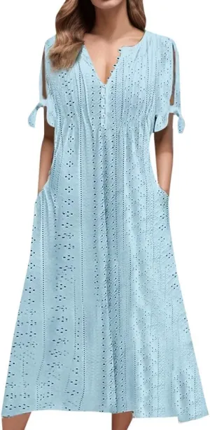 Summer Dresses for Women Trendy V Neck Short Sleeve Eyelet Dress Casual Pocket Holiday Party Beach Vacation Midi Sundress
