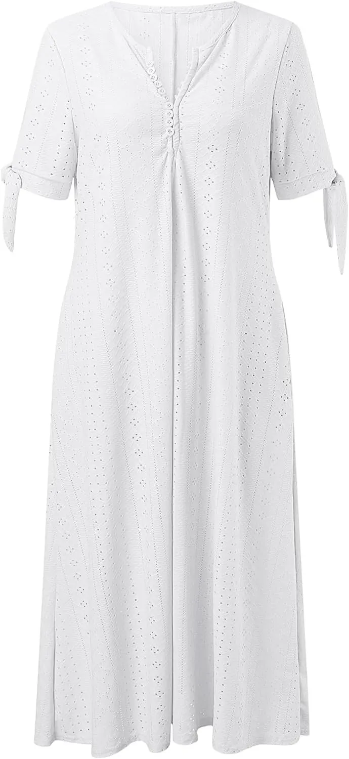 Summer Dresses for Women Trendy V Neck Short Sleeve Eyelet Dress Casual Pocket Holiday Party Beach Vacation Midi Sundress