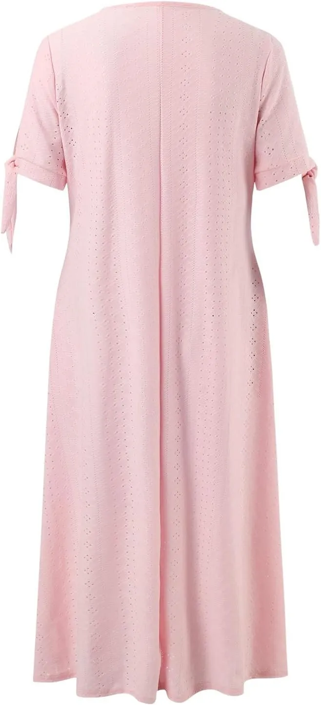 Summer Dresses for Women Trendy V Neck Short Sleeve Eyelet Dress Casual Pocket Holiday Party Beach Vacation Midi Sundress