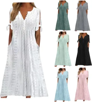 Summer Dresses for Women Trendy V Neck Short Sleeve Eyelet Dress Casual Pocket Holiday Party Beach Vacation Midi Sundress
