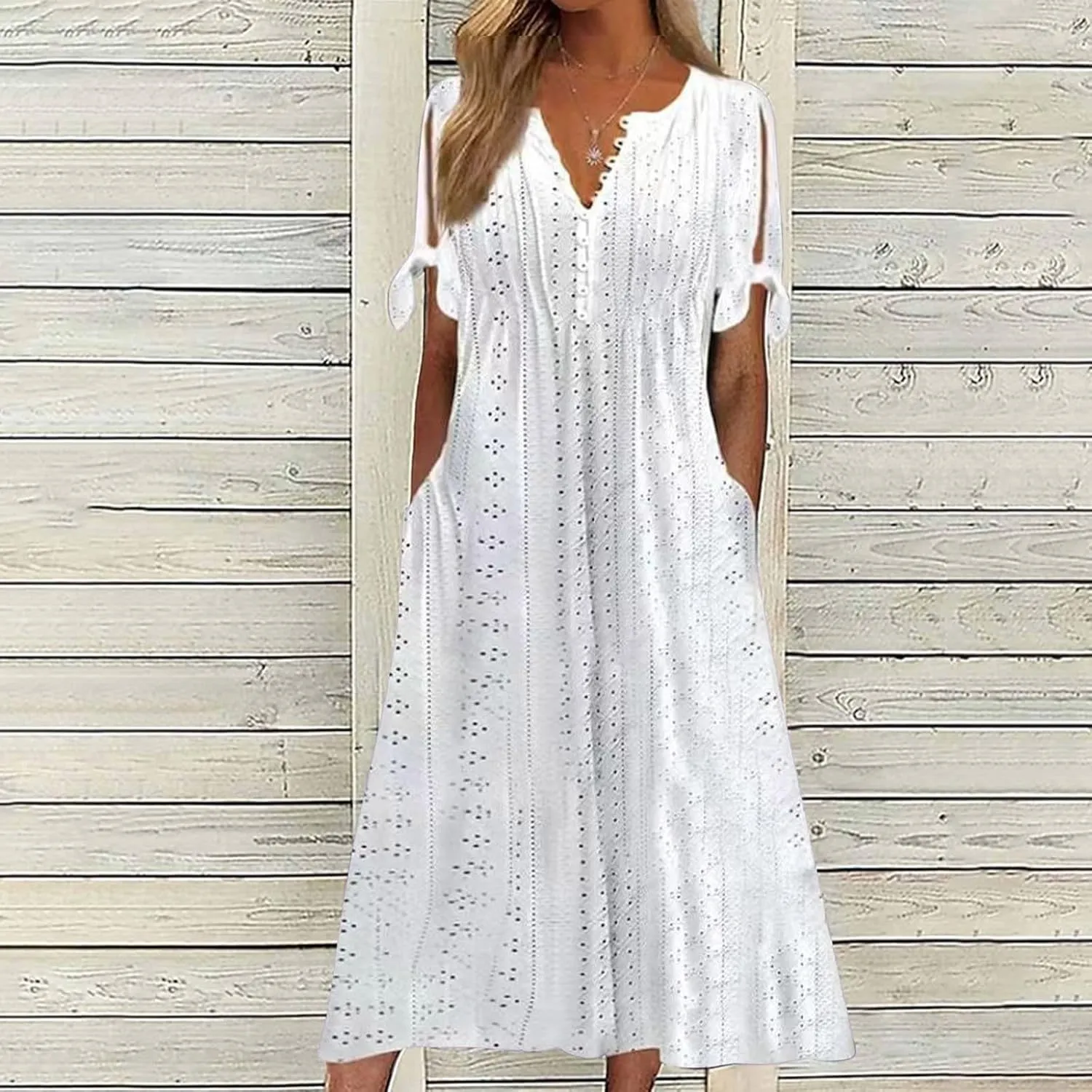 Summer Dresses for Women Trendy V Neck Short Sleeve Eyelet Dress Casual Pocket Holiday Party Beach Vacation Midi Sundress