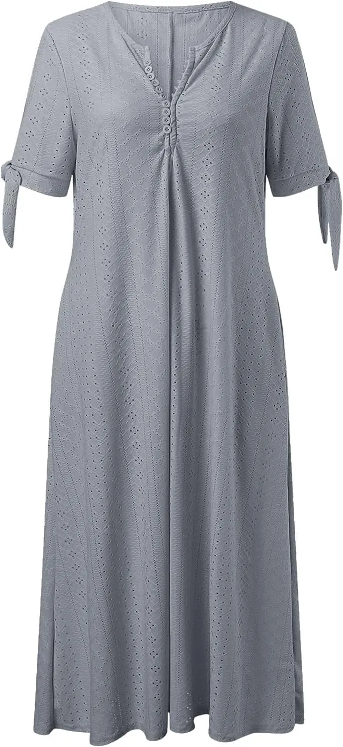 Summer Dresses for Women Trendy V Neck Short Sleeve Eyelet Dress Casual Pocket Holiday Party Beach Vacation Midi Sundress